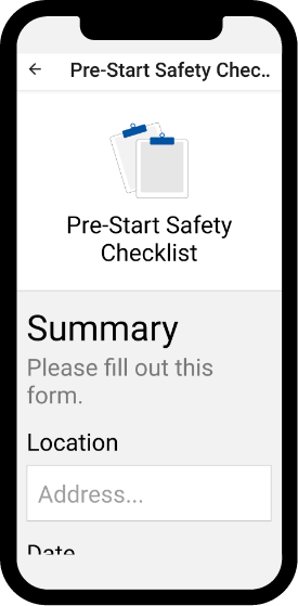 Mobile App Screenshot, displaying the pre-start safety checklist