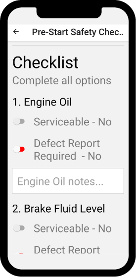 Mobile App Screenshot, displaying the custom vehicle checklist section