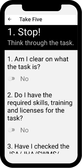 Mobile App Screenshot, displaying the take five screen